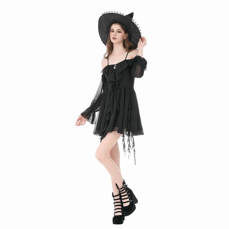 Gothic Moon Damen-Lagenkleid mit Rüschen und schulterfreiem Rock