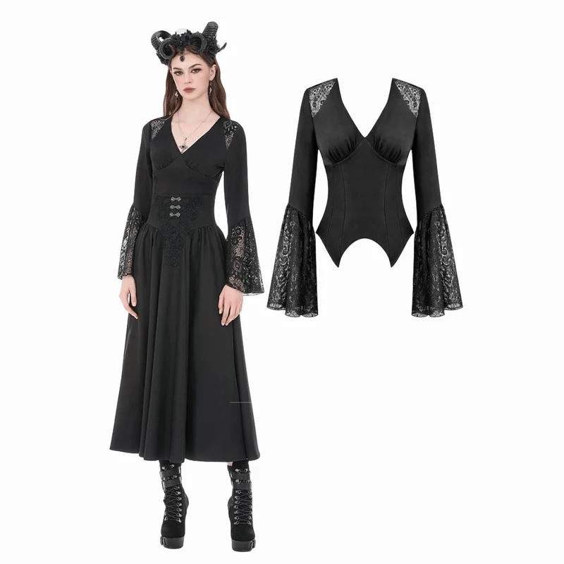 Gothic-Damenbluse mit floralem Spitzen-Patchwork und tiefem Ausschnitt, langen Ärmeln