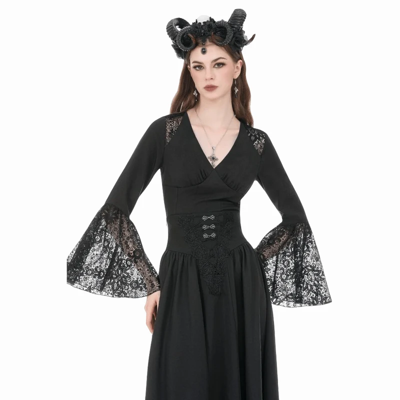 Gothic-Damenbluse mit floralem Spitzen-Patchwork und tiefem Ausschnitt, langen Ärmeln