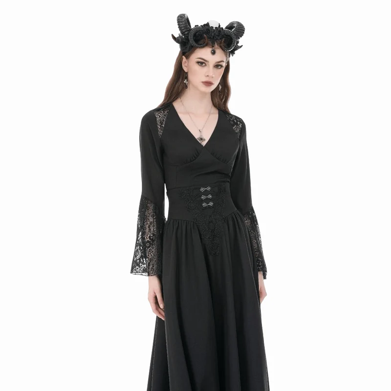 Gothic-Damenbluse mit floralem Spitzen-Patchwork und tiefem Ausschnitt, langen Ärmeln