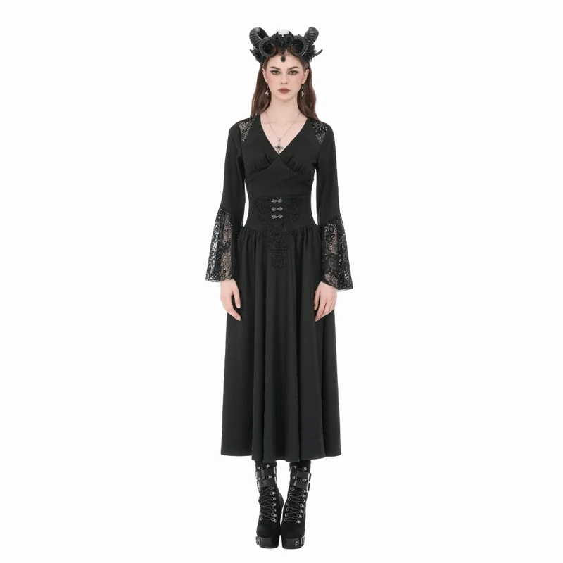 Gothic-Damenbluse mit floralem Spitzen-Patchwork und tiefem Ausschnitt, langen Ärmeln