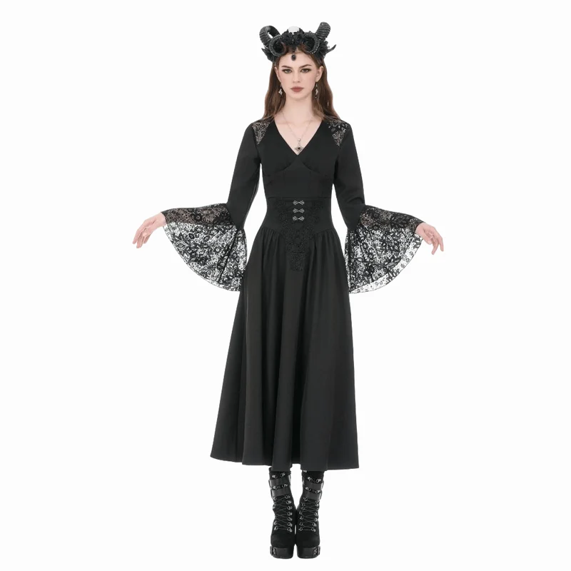 Gothic-Damenbluse mit floralem Spitzen-Patchwork und tiefem Ausschnitt, langen Ärmeln