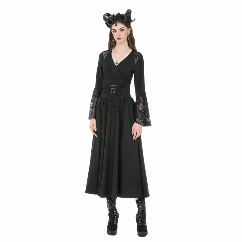 Gothic-Damenbluse mit floralem Spitzen-Patchwork und tiefem Ausschnitt, langen Ärmeln