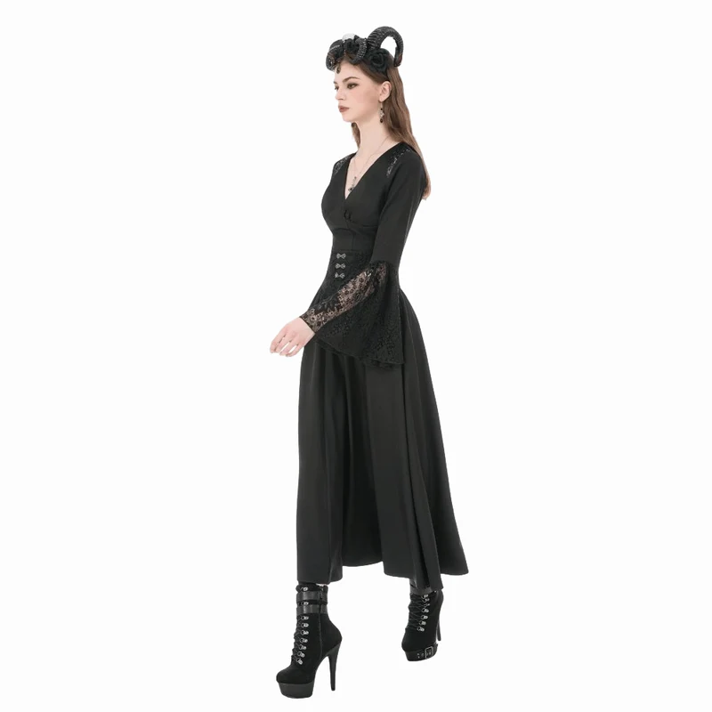 Gothic-Damenbluse mit floralem Spitzen-Patchwork und tiefem Ausschnitt, langen Ärmeln