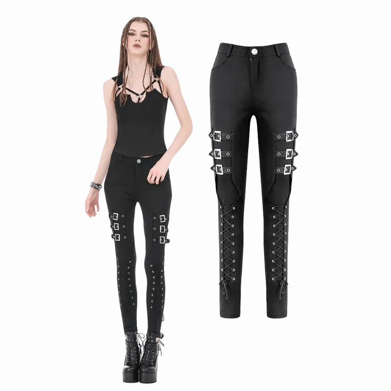 Punk-Hose für Damen mit mehreren Lagen, Schnallenriemen und Schnürung