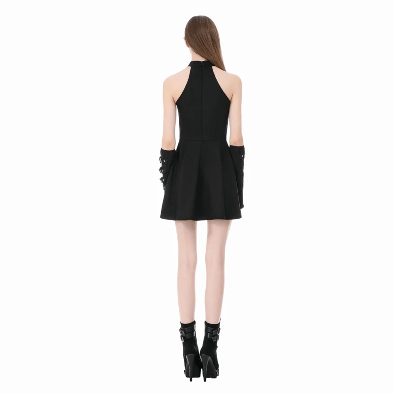Punk-Neckholderkleid für Damen mit Schnallenriemen, Reißverschlüssen und Trägern