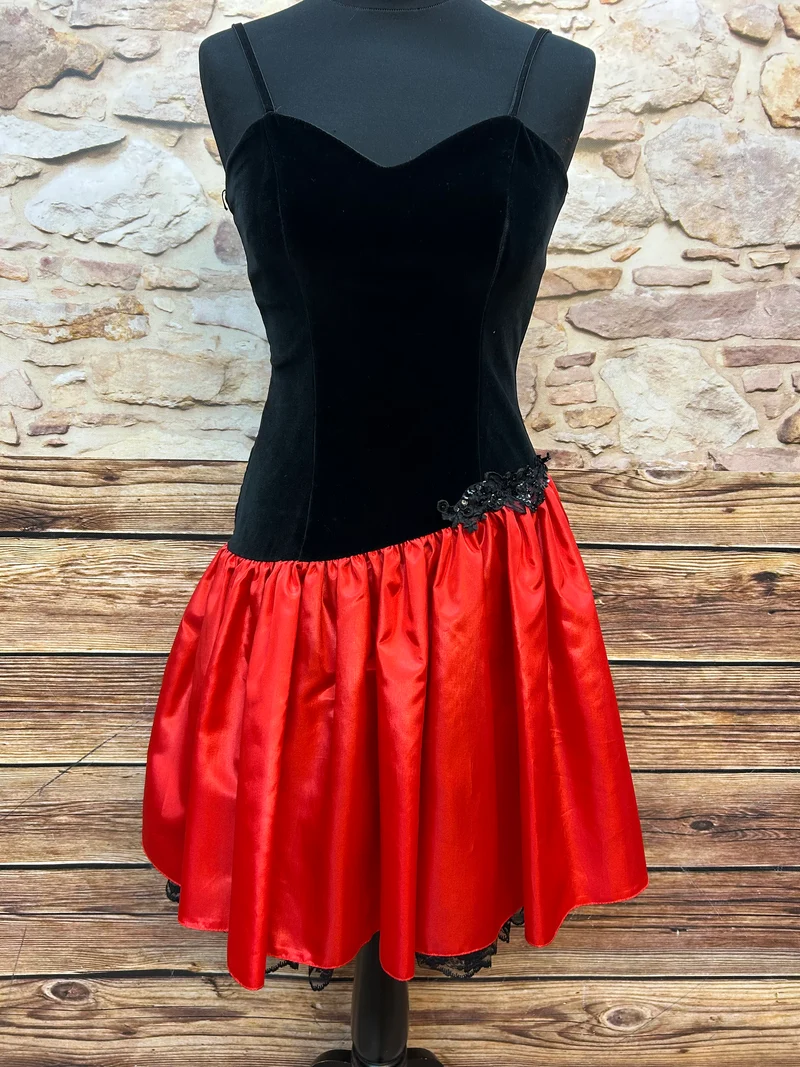 Vintage Cocktailkleid Samt schwarz rot Satin 80er Gr. 34