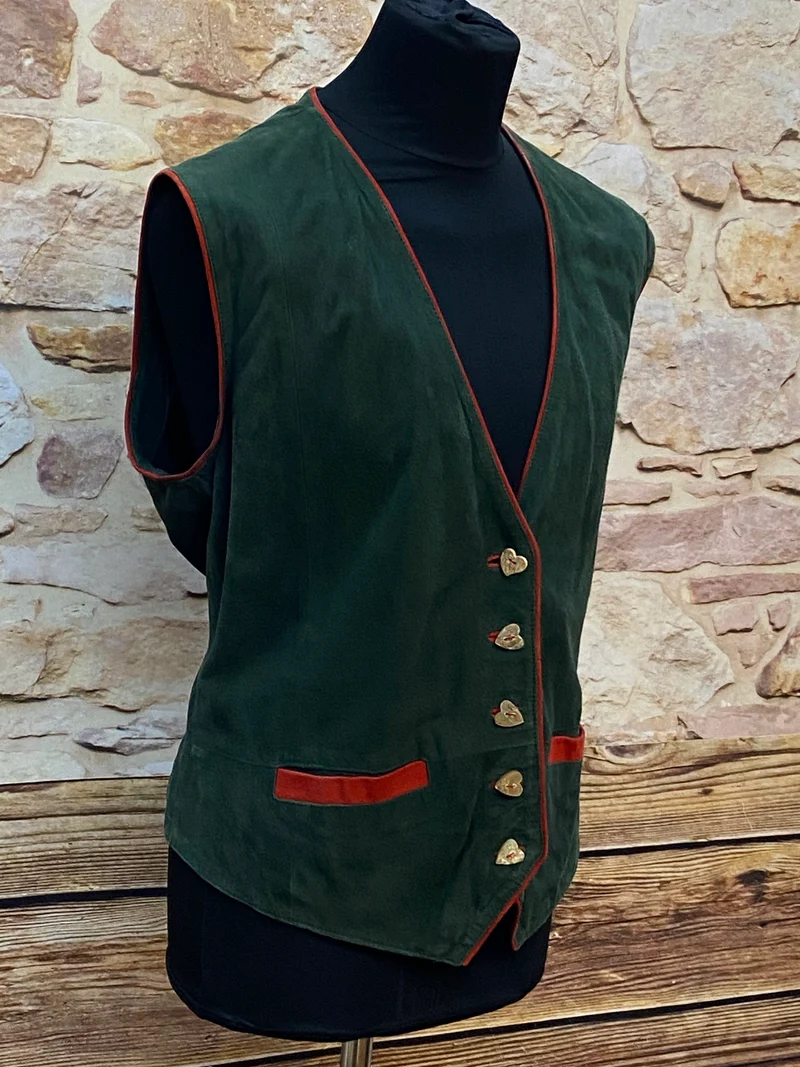 Vintage Damen Weste Trachtenstil dunkelgrün mit roten Paspeln – Größe 48