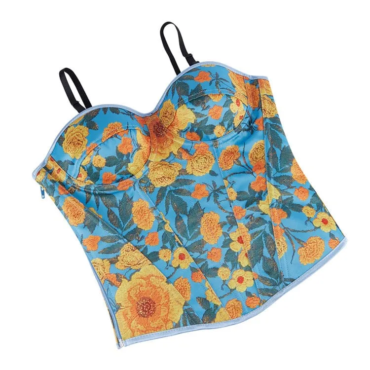Gothic-Korsett für Damen mit Blumenmuster, seitlichem Reißverschluss und Schnürung über der Brust