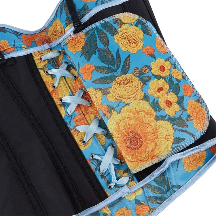 Gothic-Korsett für Damen mit Blumenmuster, seitlichem Reißverschluss und Schnürung über der Brust