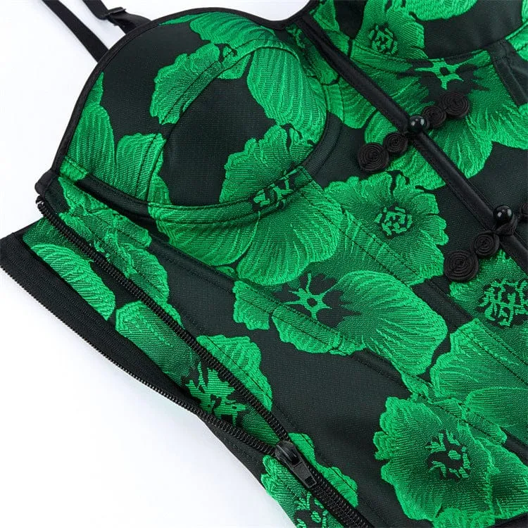 Gothic-Korsett für Damen mit floralem Muster, zweifarbig, Frosch-Überbrustverschluss