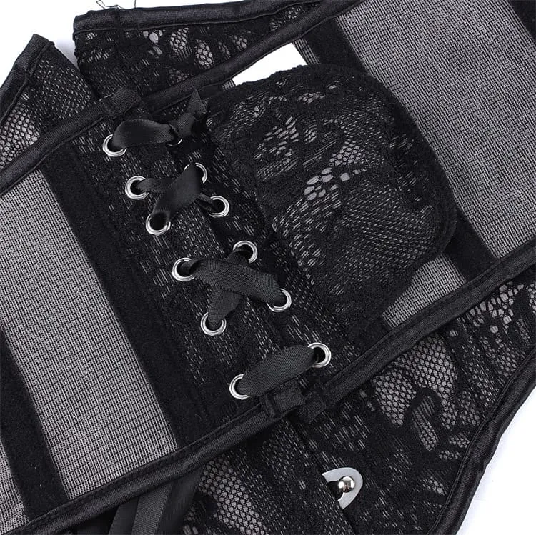 Gothic-Unterbrustkorsett für Damen mit Blumenmuster, Mesh-Einsatz und Schnürung