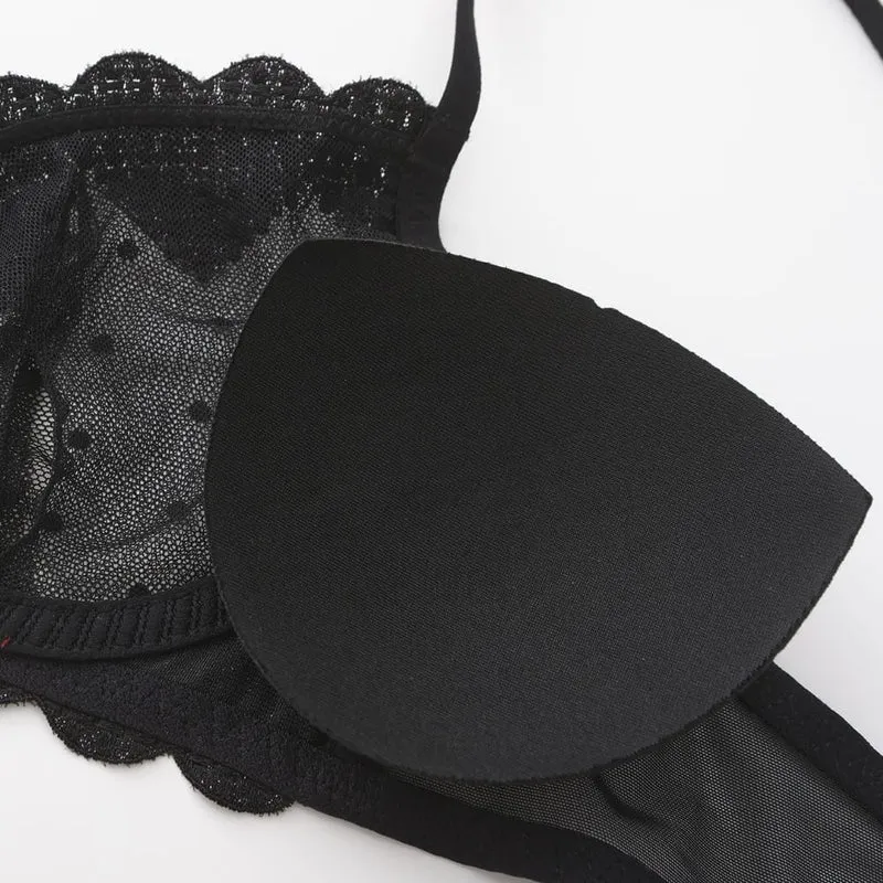 Gothic-Dessous-Set für Damen mit Herzstickerei aus Mesh