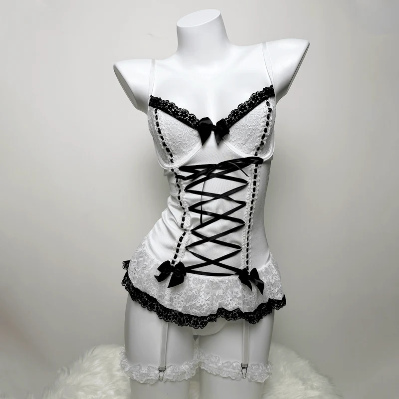 Sexy Dessous-Set mit Rüschen und Schnürung im Grunge-Stil für Damen, inklusive Strumpfband