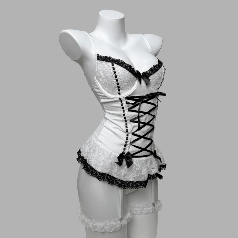 Sexy Dessous-Set mit Rüschen und Schnürung im Grunge-Stil für Damen, inklusive Strumpfband