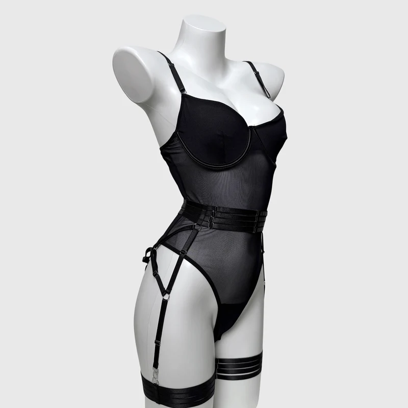 Damen-Dessous-Set aus transparentem Grunge-Mesh mit Handschuhen