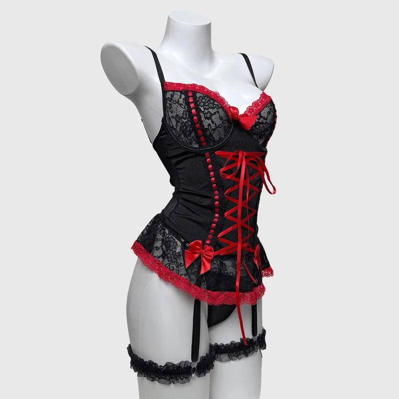 Sexy Dessous-Set mit Schnürung und Strumpfband im Grunge-Stil für Damen