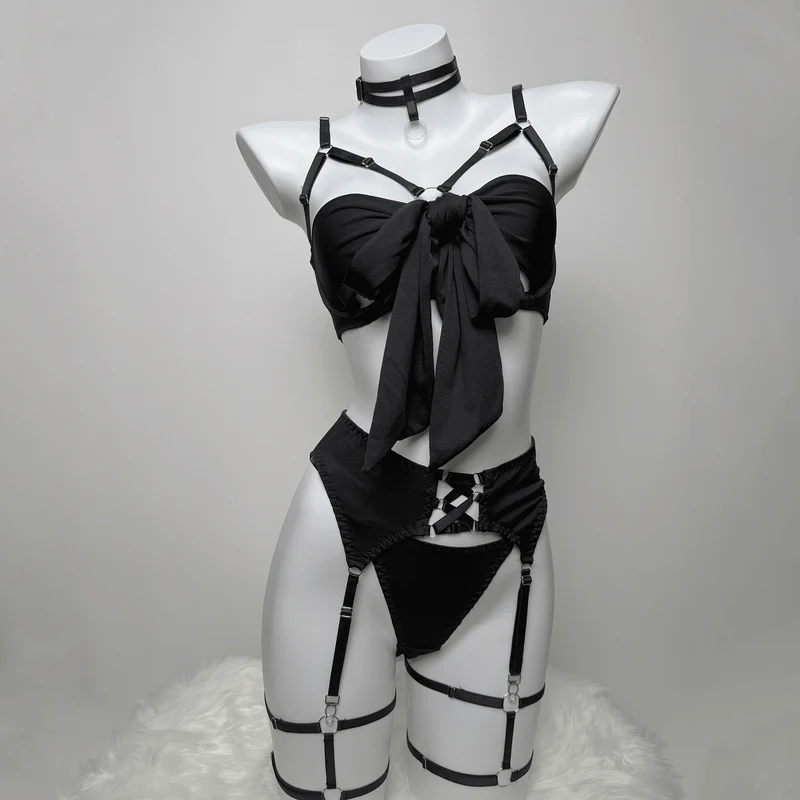 Sexy Grunge-Dessous-Set für Damen mit Schleife, Strapsen, Strumpfband und Handschuhen