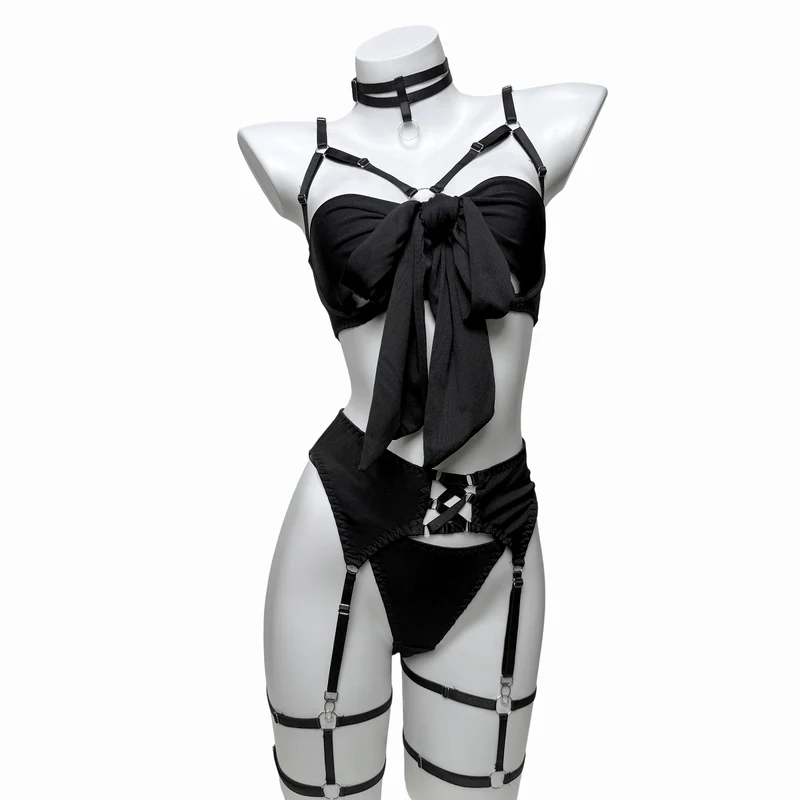 Sexy Grunge-Dessous-Set für Damen mit Schleife, Strapsen, Strumpfband und Handschuhen
