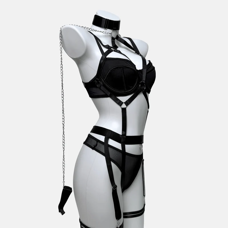 Grunge-Kettenring-Choker-Set für Damen, sexy Harness-Dessous-Set