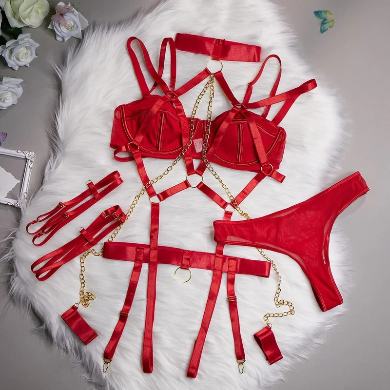 Grunge-Kettenring-Choker-Set für Damen, sexy Harness-Dessous-Set
