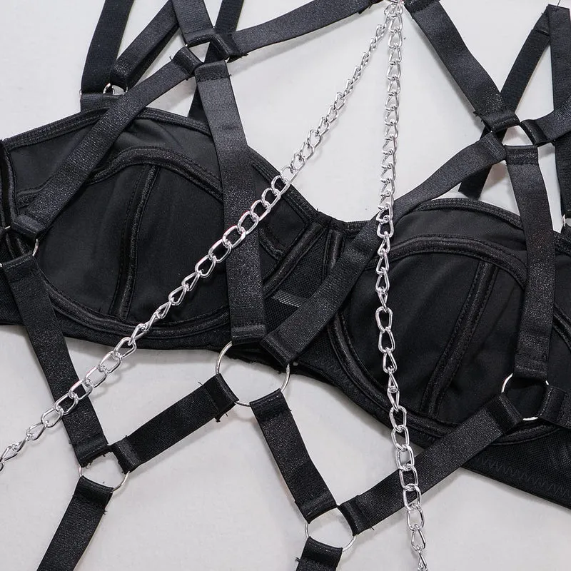 Grunge-Kettenring-Choker-Set für Damen, sexy Harness-Dessous-Set