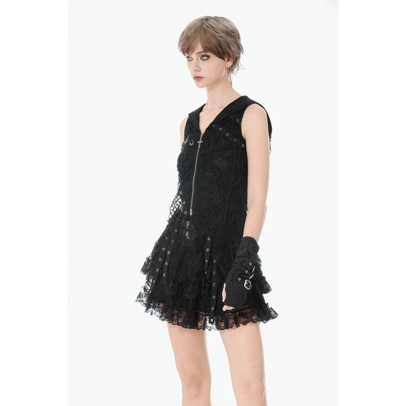 Punk-Minirock mit Ösenriemen und mehrlagiger Spitze für Damen