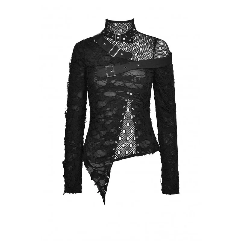 Damen-Punk-Shirt mit unregelmäßigem, zerrissenem Netzspleiß