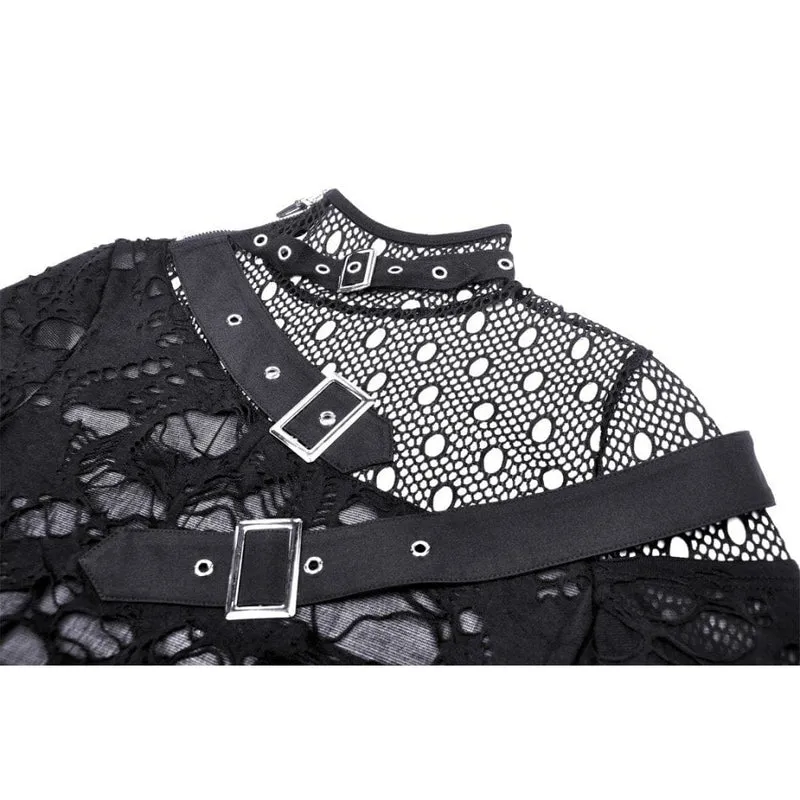 Damen-Punk-Shirt mit unregelmäßigem, zerrissenem Netzspleiß