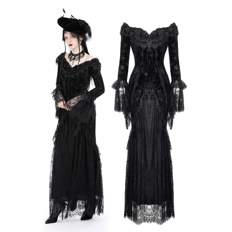 Gothic-Kleid für Damen, schulterfrei, mit Spitze und Samtbesatz, Hochzeitskleid
