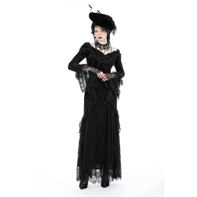 Gothic-Kleid für Damen, schulterfrei, mit Spitze und Samtbesatz, Hochzeitskleid