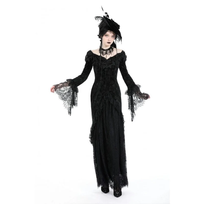 Gothic-Kleid für Damen, schulterfrei, mit Spitze und Samtbesatz, Hochzeitskleid