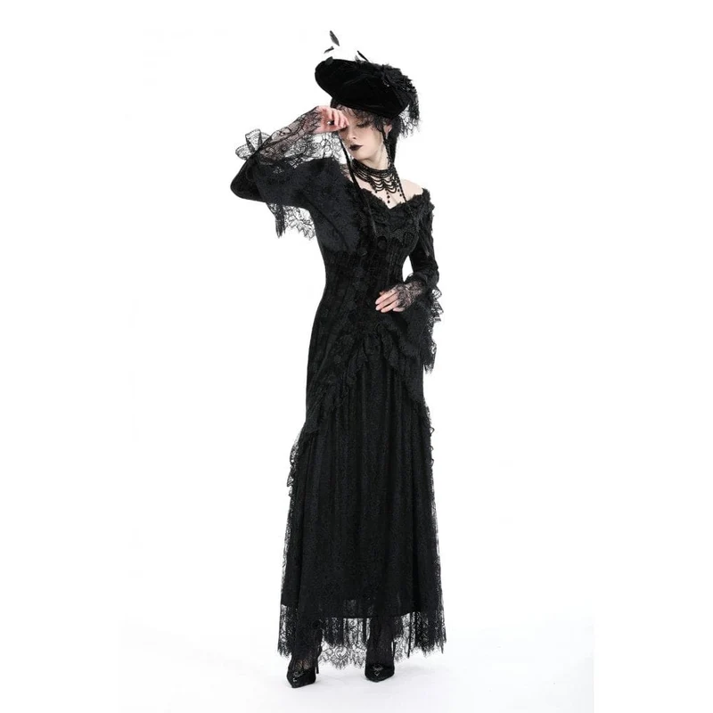 Gothic-Kleid für Damen, schulterfrei, mit Spitze und Samtbesatz, Hochzeitskleid