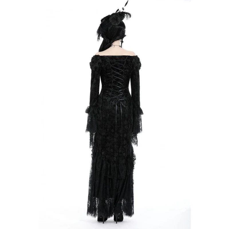 Gothic-Kleid für Damen, schulterfrei, mit Spitze und Samtbesatz, Hochzeitskleid