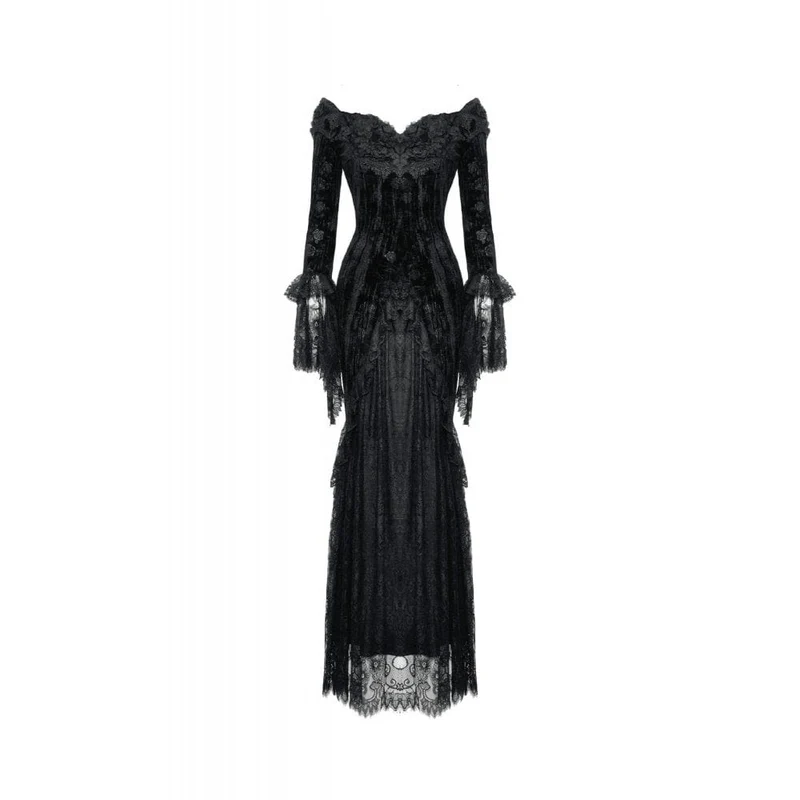 Gothic-Kleid für Damen, schulterfrei, mit Spitze und Samtbesatz, Hochzeitskleid