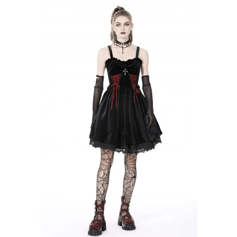Gothic-Riemchen-Kreuz-Samt-Schlupfkleid für Damen