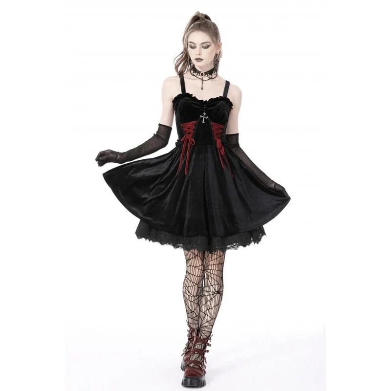 Gothic-Riemchen-Kreuz-Samt-Schlupfkleid für Damen