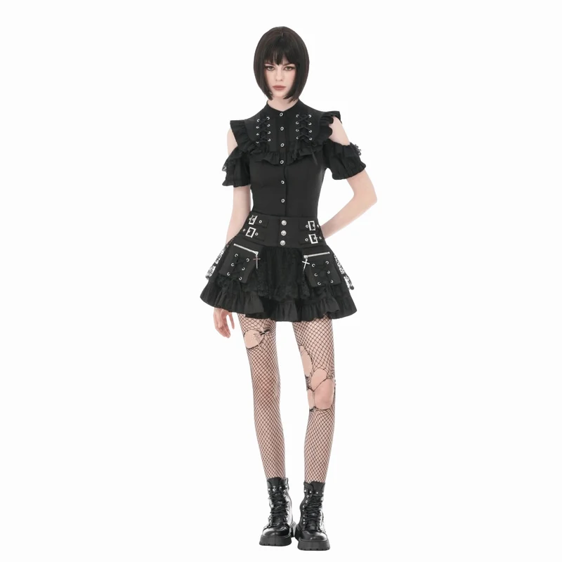 Punk-Minirock für Damen mit gekreuzten Schnürdetails, Taschen und Rüschen