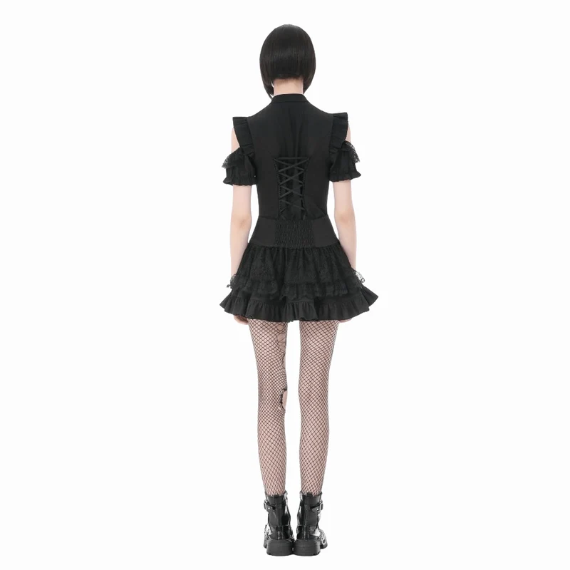 Punk-Minirock für Damen mit gekreuzten Schnürdetails, Taschen und Rüschen