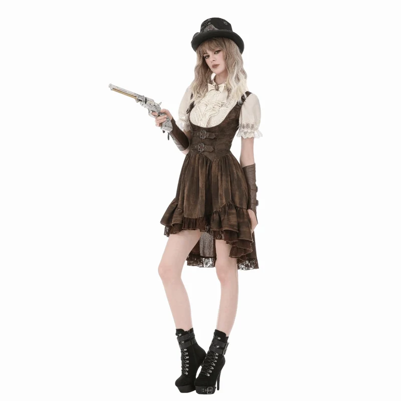 Steampunk-Damenbluse mit Spitzenbesatz, Schnürung und Puffärmeln