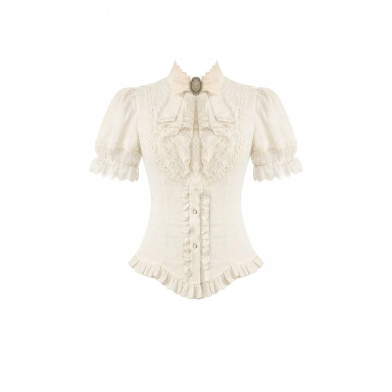 Steampunk-Damenbluse mit Spitzenbesatz, Schnürung und Puffärmeln