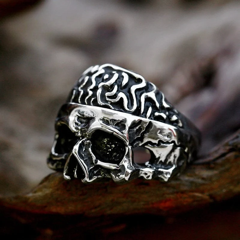 Punk-Ring mit halbem Gesicht und Totenkopf für Herren