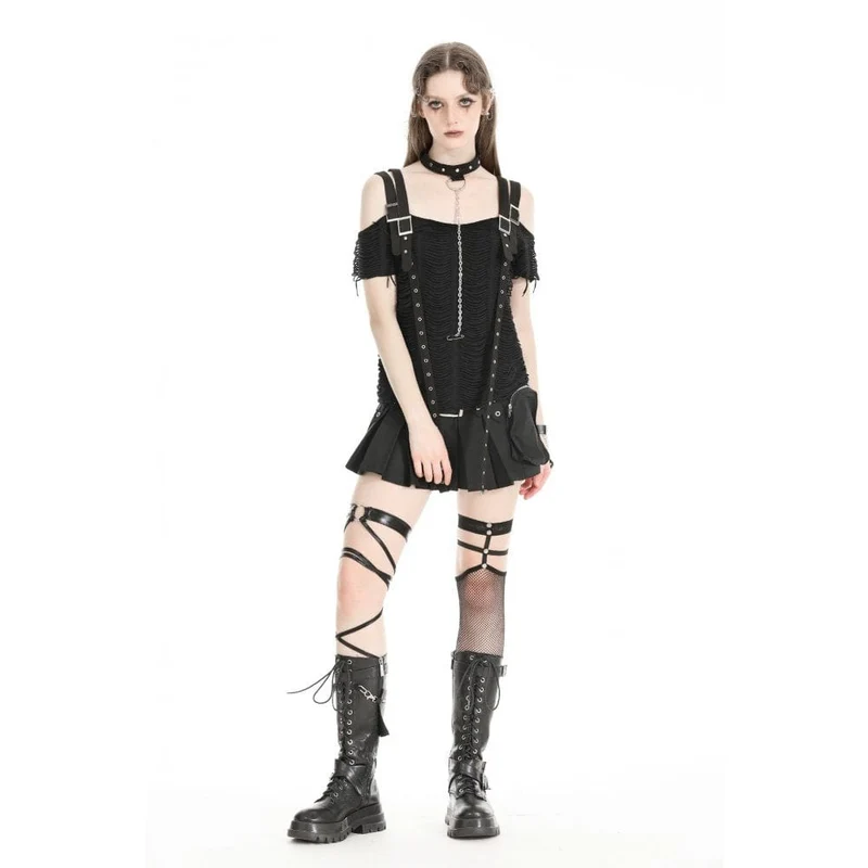 Schulterfreies, zerrissenes Punk-T-Shirt für Damen mit abnehmbarem Halsband