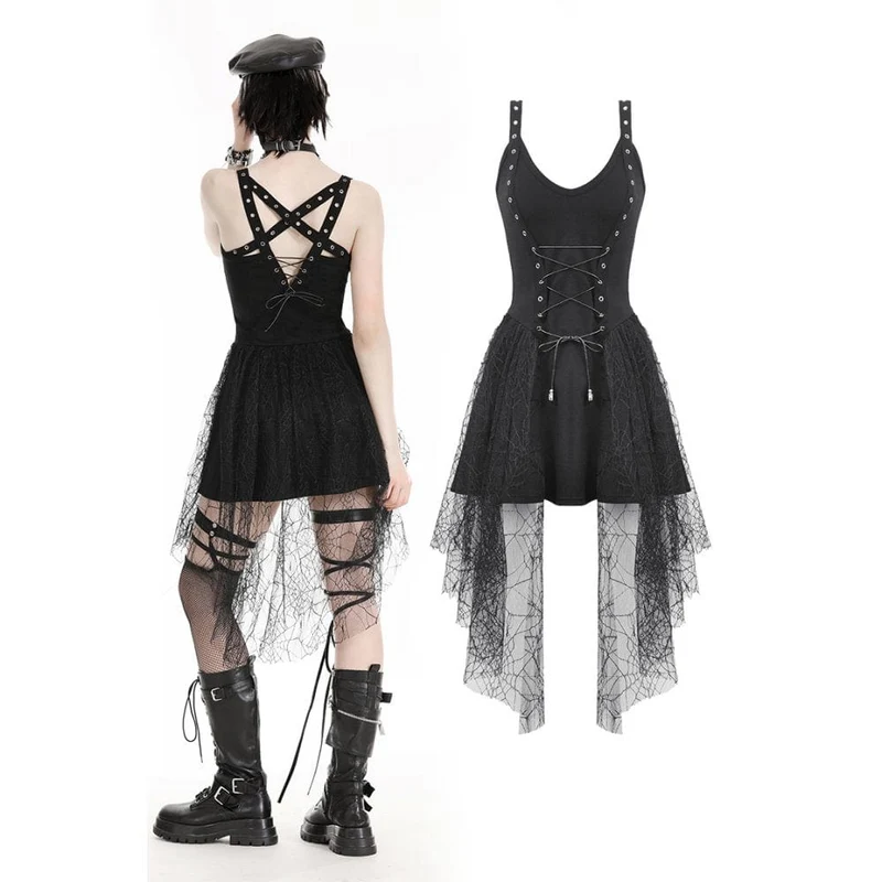 Damen-Slipkleid im Gothic-Stil mit tiefem Ausschnitt und Spinnen-Mesh-Splice-Motiv