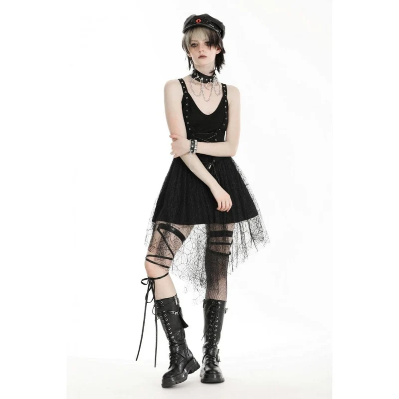 Damen-Slipkleid im Gothic-Stil mit tiefem Ausschnitt und Spinnen-Mesh-Splice-Motiv