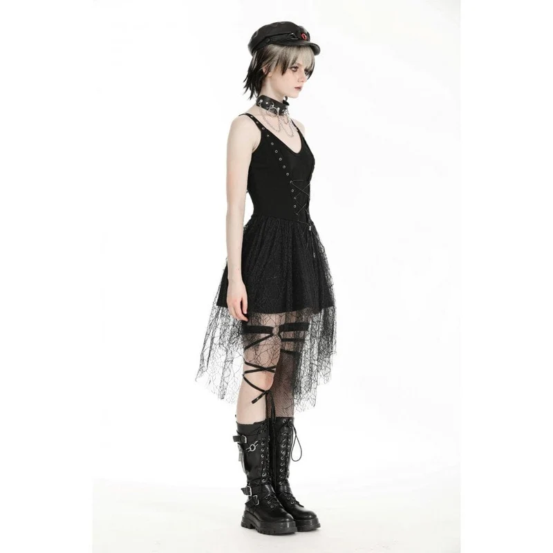 Damen-Slipkleid im Gothic-Stil mit tiefem Ausschnitt und Spinnen-Mesh-Splice-Motiv