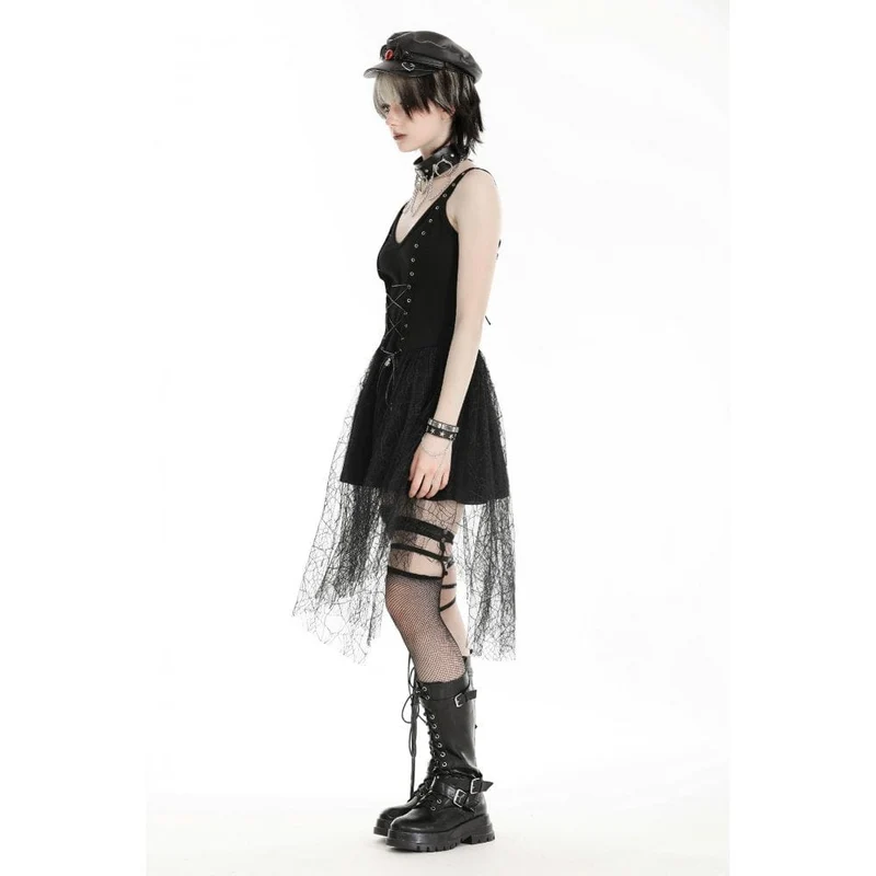 Damen-Slipkleid im Gothic-Stil mit tiefem Ausschnitt und Spinnen-Mesh-Splice-Motiv