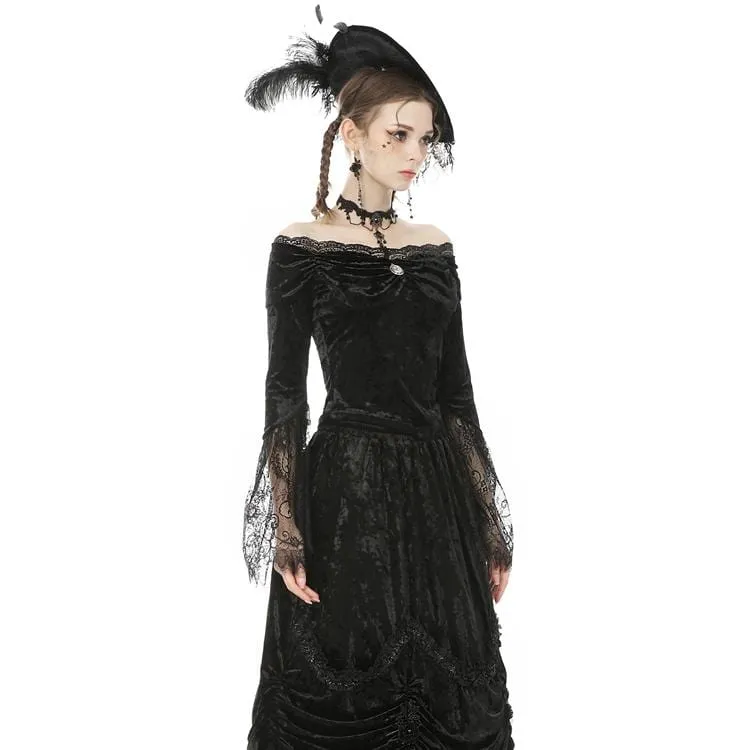 Damen Goth Off Shoulder Blumenspitzenärmel Velet Tops