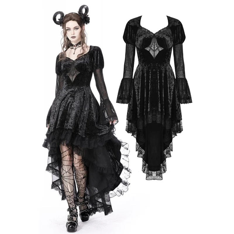 Damen Gothic Unregelmäßige Spitze Samtkleid mit Lagen