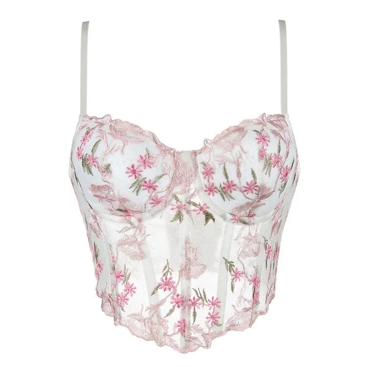 Damen-Overbust-Korsett aus Netzstoff mit Vintage-Blumenstickerei